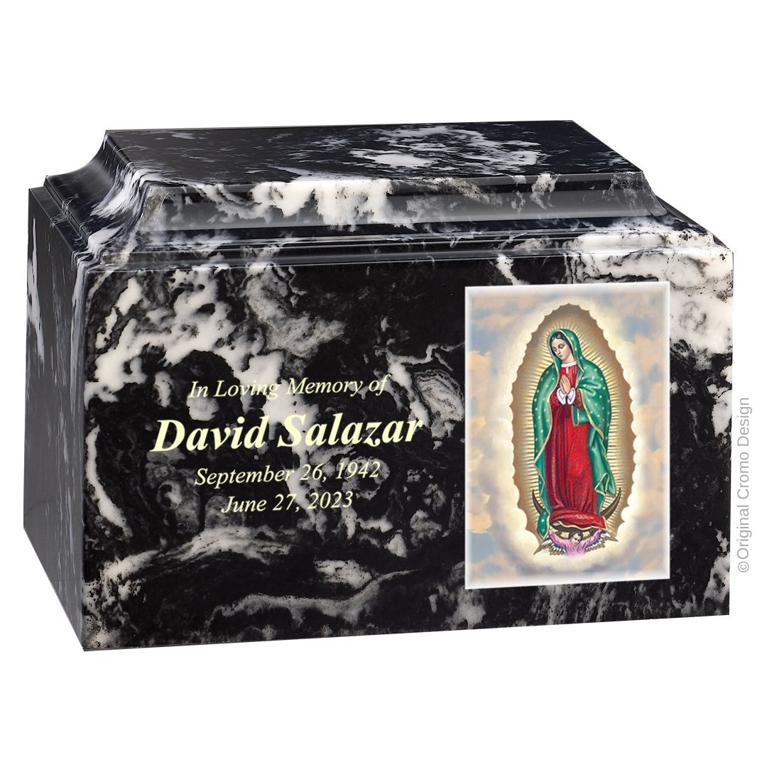 Catholic cremation urn with Our Lady of Guadalupe English Wood finish by Cromo NB