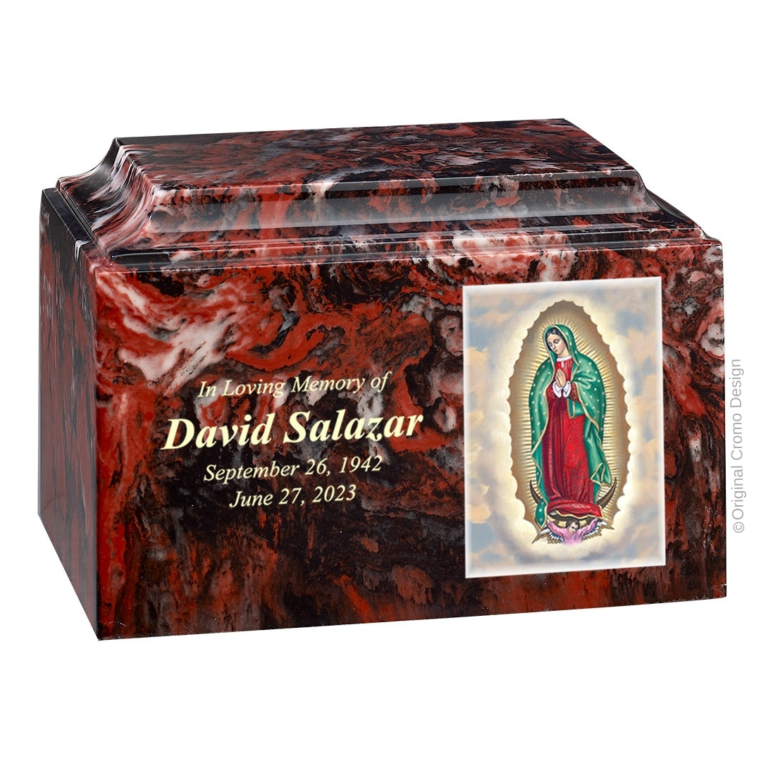 Catholic cremation urn with Our Lady of Guadalupe English Wood finish by Cromo NB