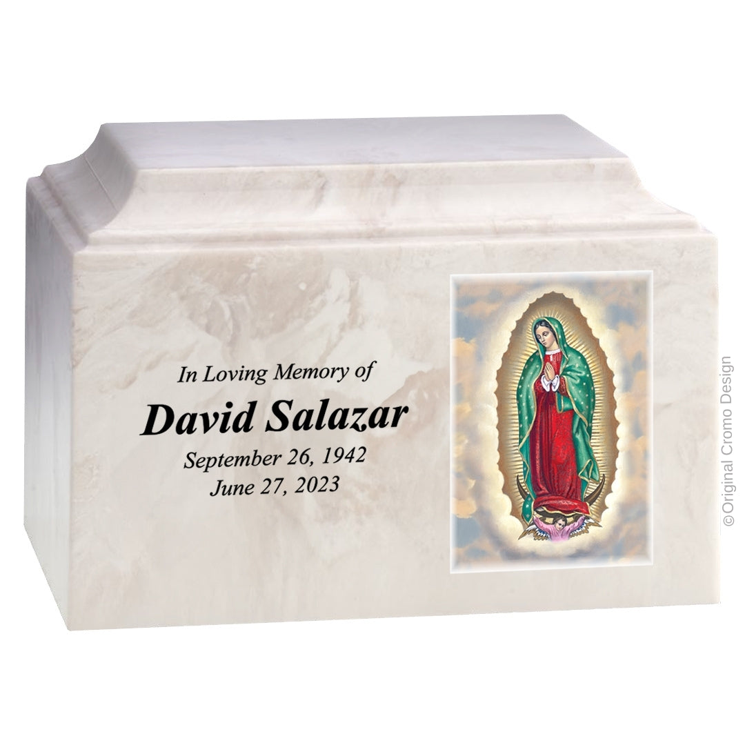 Catholic cremation urn with Our Lady of Guadalupe English Wood finish by Cromo NB