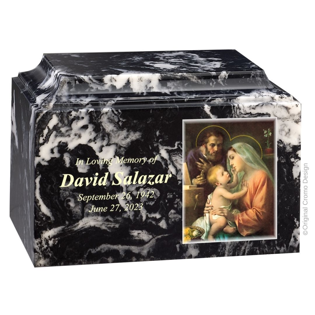 Catholic cremation urn with Holy Family Wood finish by Cromo NB