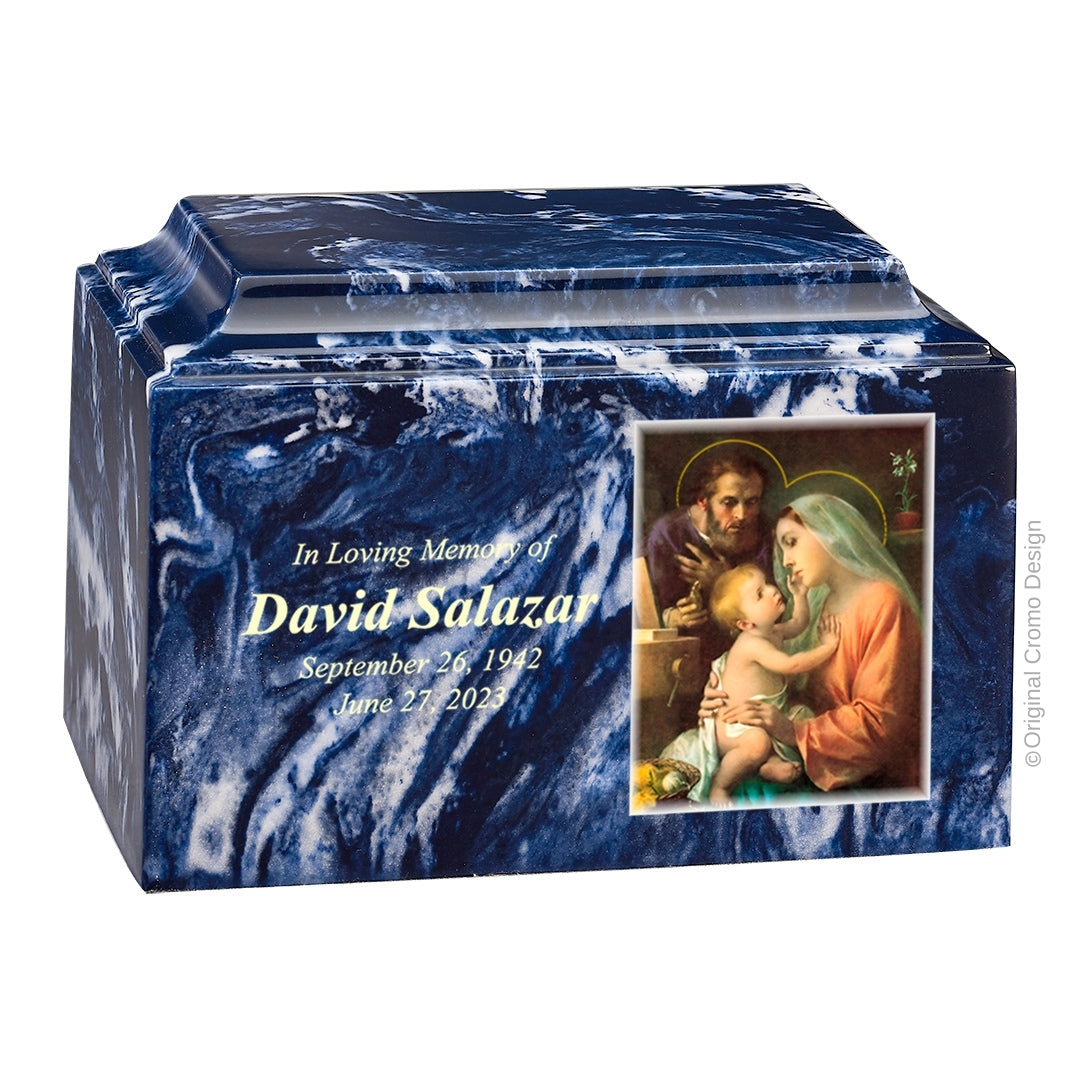 Catholic cremation urn with Our Lady of Guadalupe Spanish Wood finish by Cromo NB