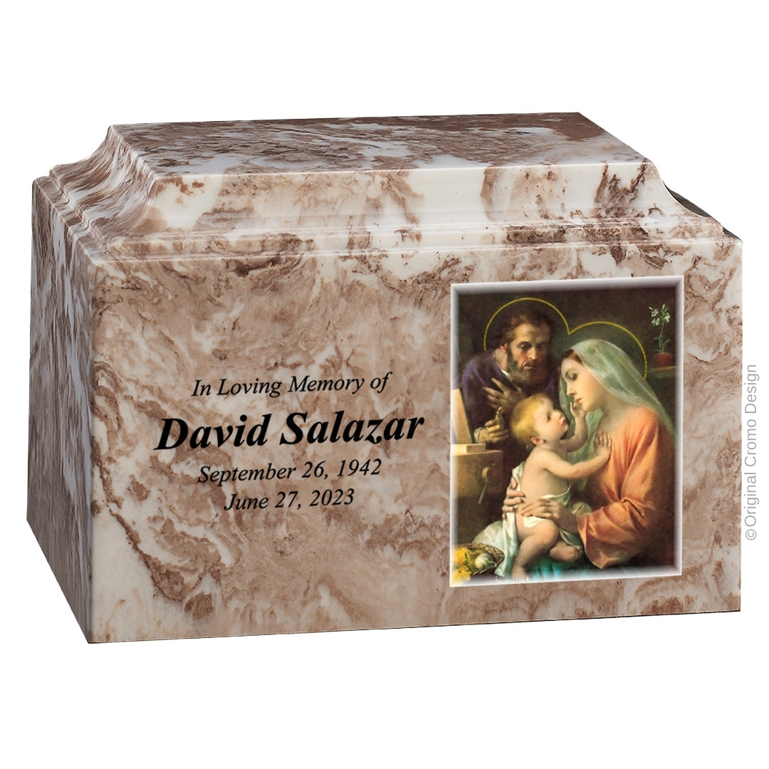 Catholic cremation urn with Holy Family Wood finish by Cromo NB