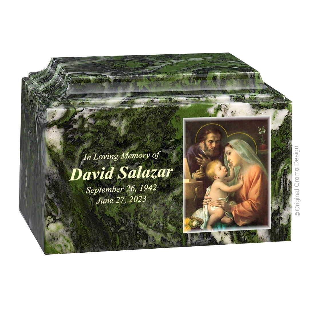 Catholic cremation urn with Holy Family Wood finish by Cromo NB