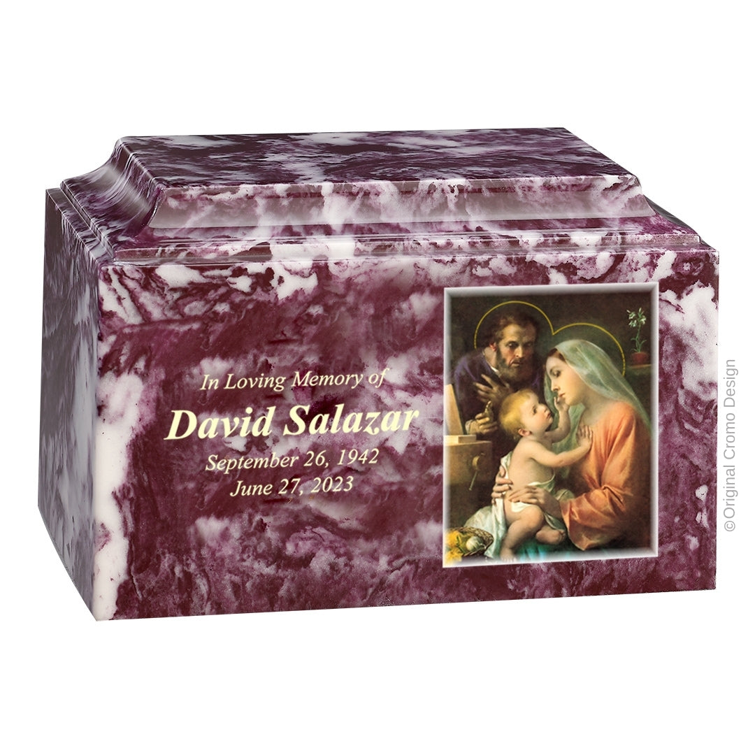 Catholic cremation urn with Holy Family Wood finish by Cromo NB