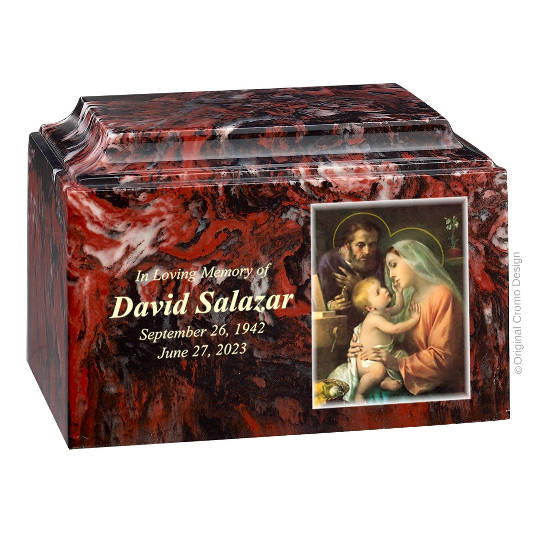 Catholic cremation urn with Holy Family Wood finish by Cromo NB