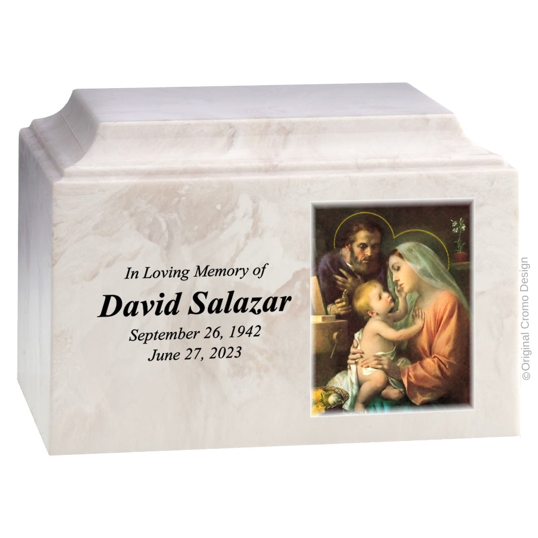 Catholic cremation urn with Holy Family Wood finish by Cromo NB