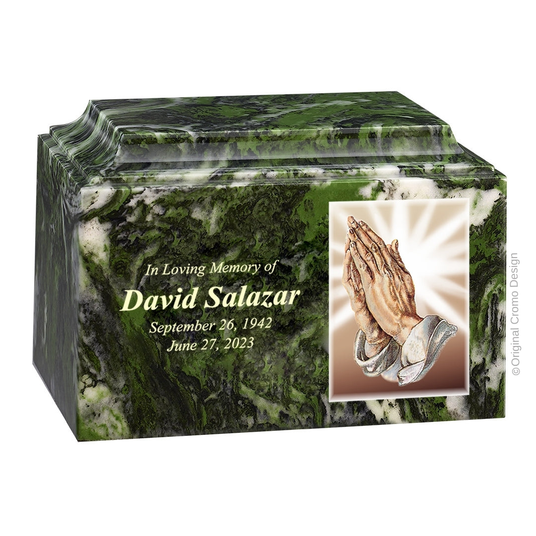 Catholic cremation urn with Praying Hands Wood finish by Cromo NB