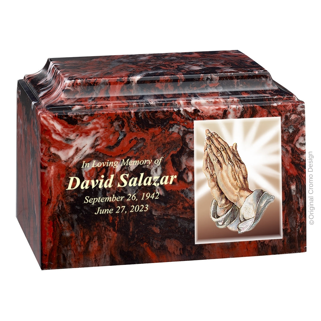 Catholic cremation urn with Praying Hands Wood finish by Cromo NB