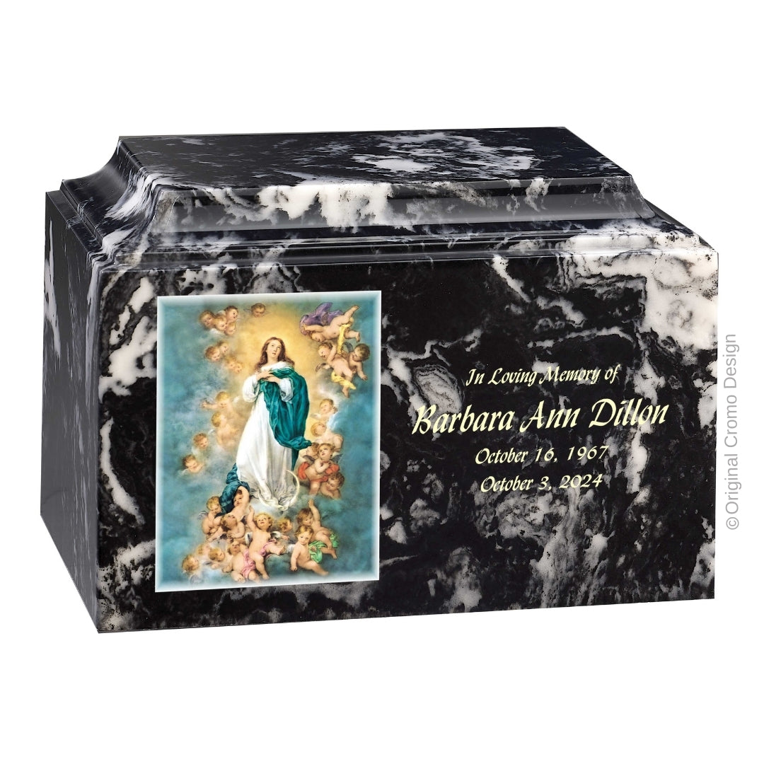Catholic cremation urn with Immaculate Conception Wood finish by Cromo NB