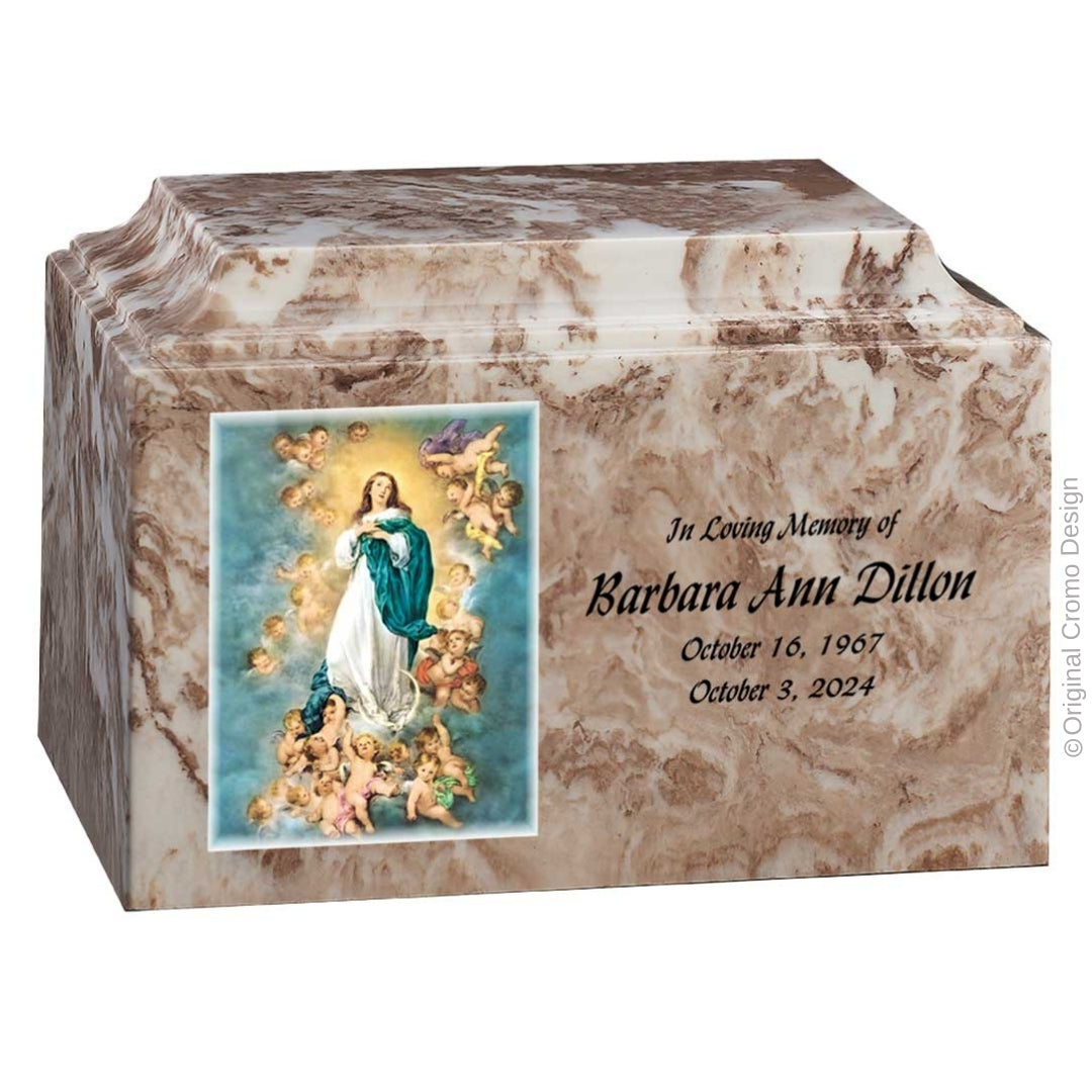Catholic cremation urn with Immaculate Conception Wood finish by Cromo NB