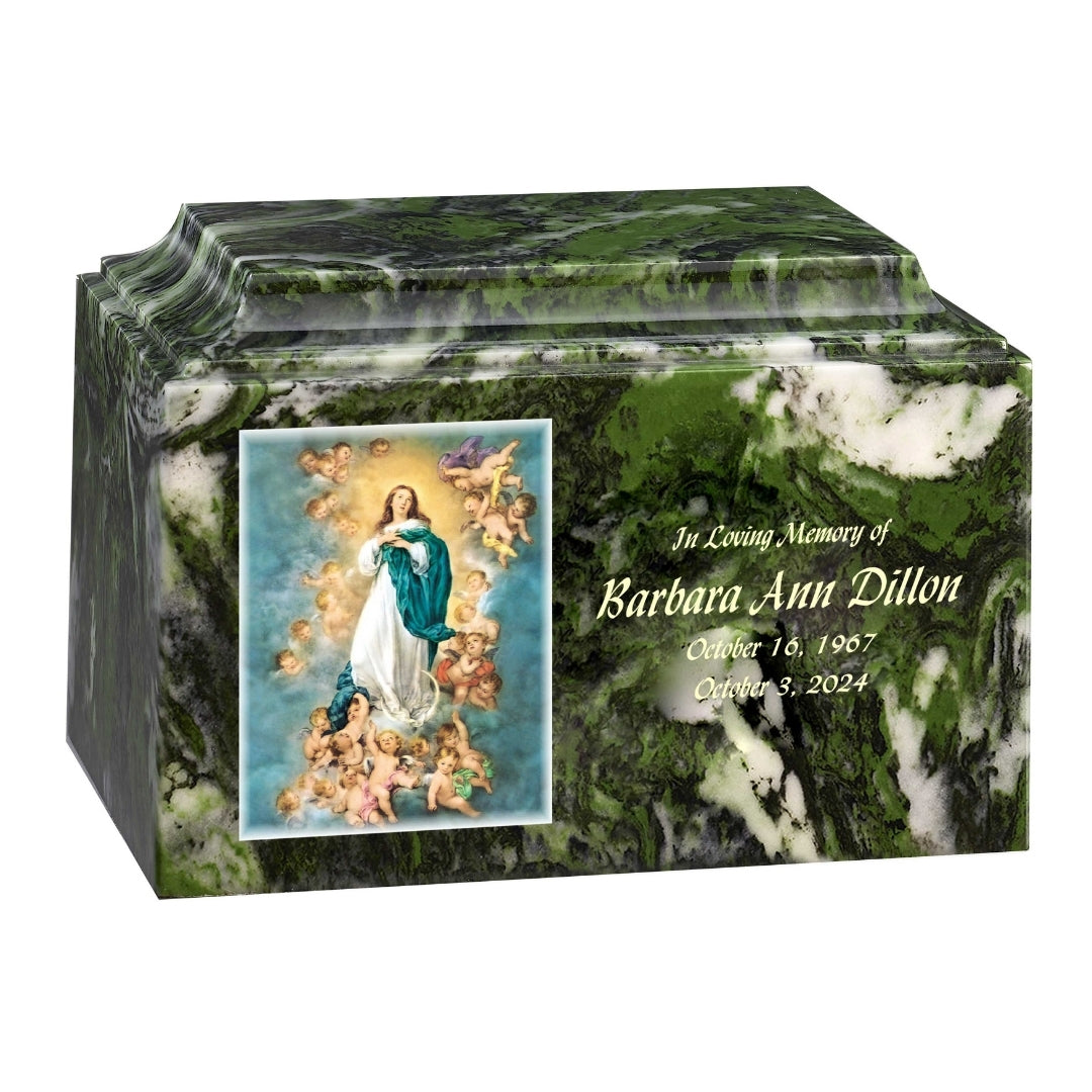Catholic cremation urn with Immaculate Conception Wood finish by Cromo NB