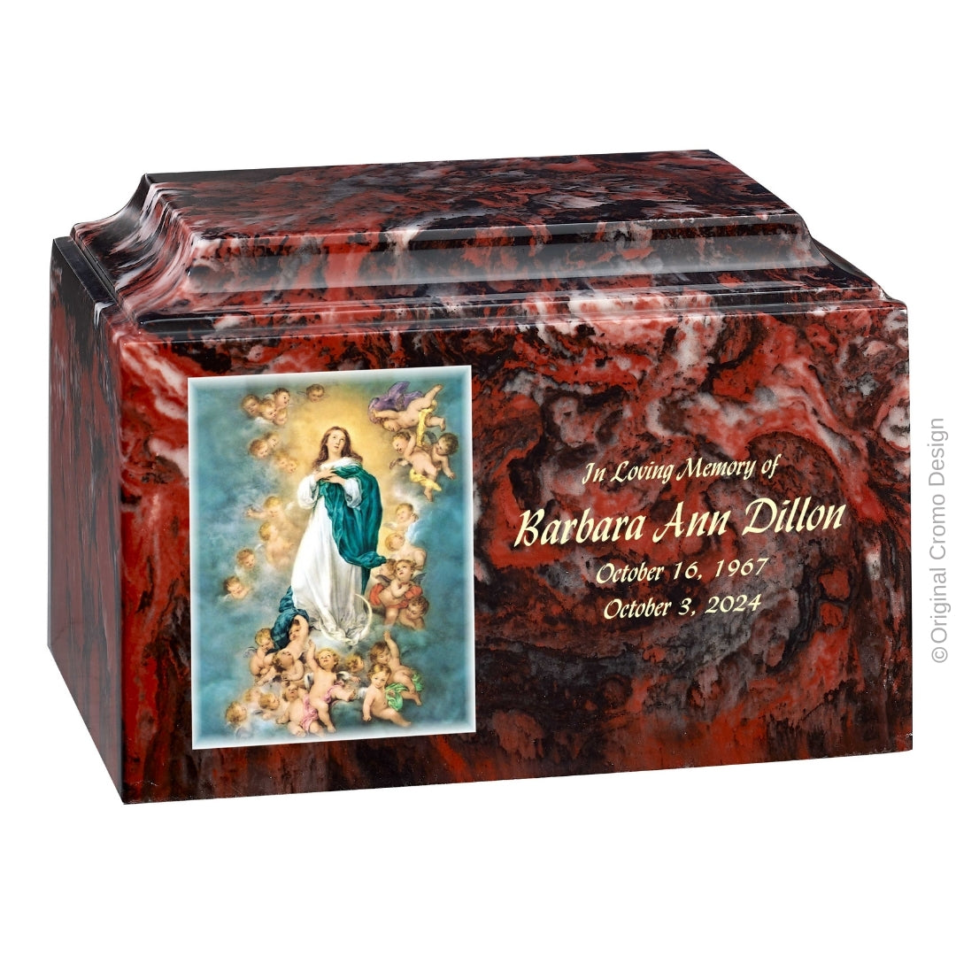 Catholic cremation urn with Immaculate Conception Wood finish by Cromo NB