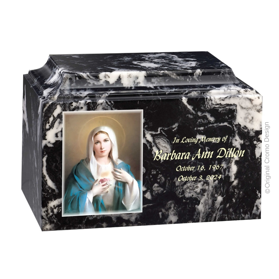 Catholic cremation urn with Immaculate Heart of Mary Wood finish by Cromo NB