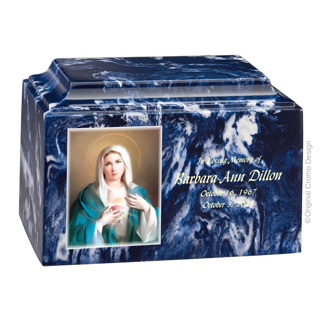 Catholic cremation urn with Immaculate Conception Wood finish by Cromo NB