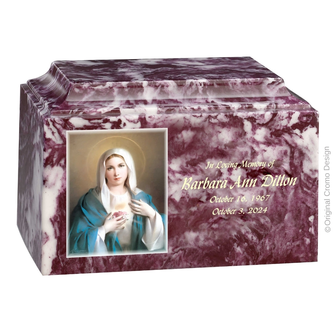 Catholic cremation urn with Immaculate Heart of Mary Wood finish by Cromo NB