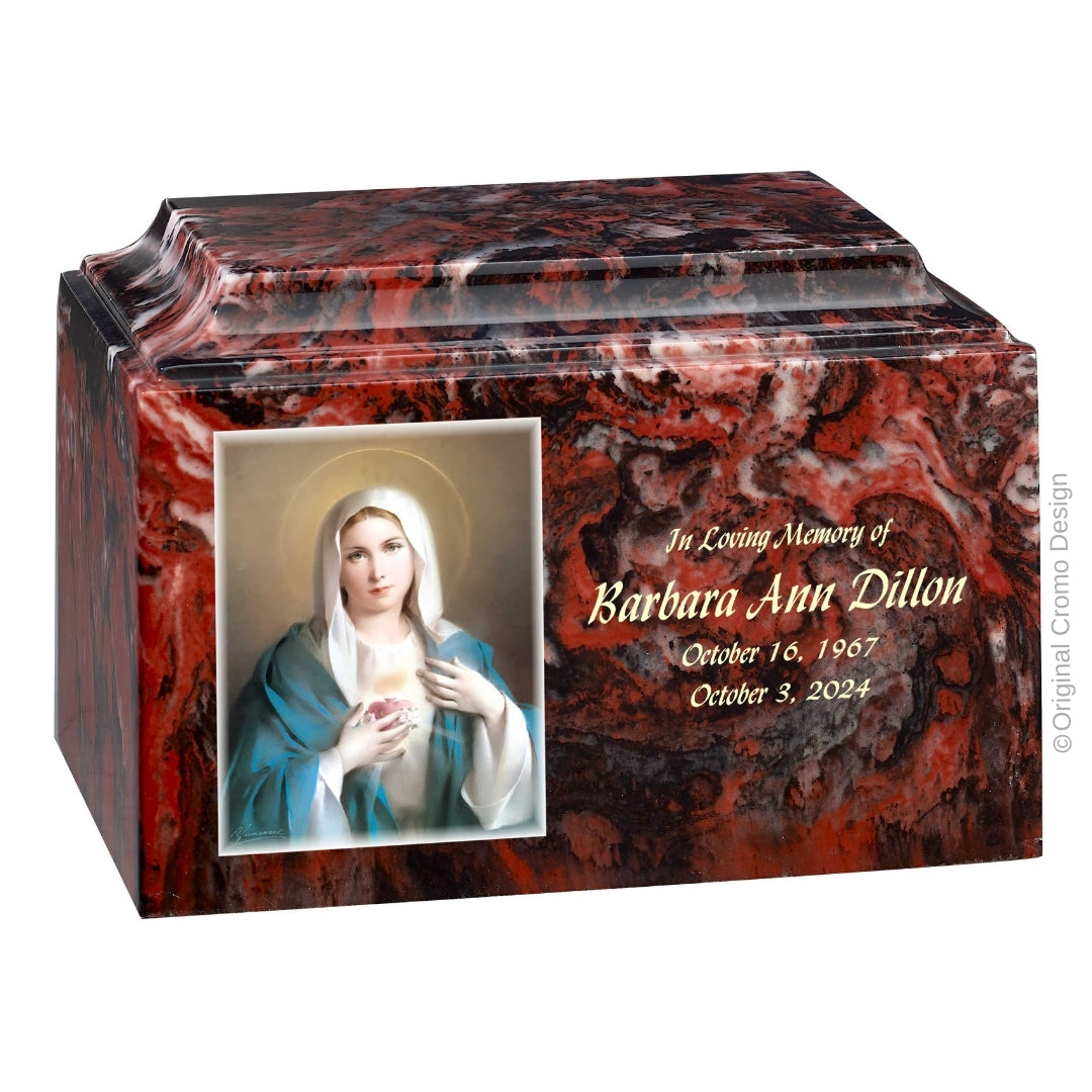 Catholic cremation urn with Immaculate Heart of Mary Wood finish by Cromo NB