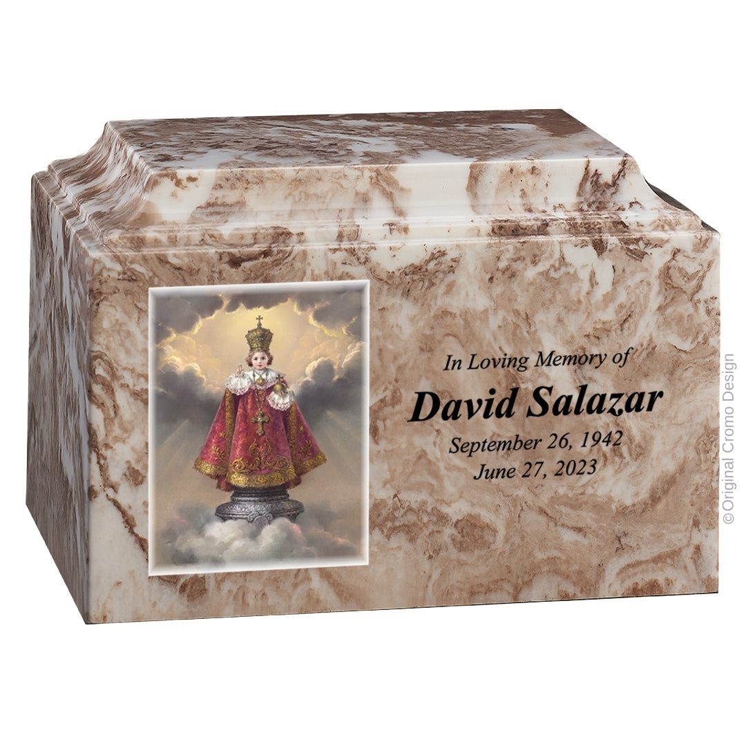 Catholic cremation urn with Infant of Prague Wood finish by Cromo NB