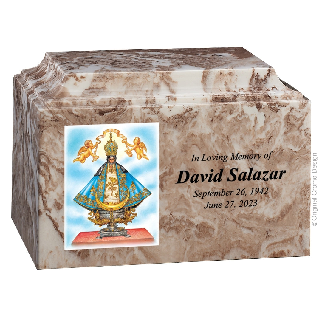 Catholic cremation urn with Our Lady of San Juan de Lagos Wood finish by Cromo NB