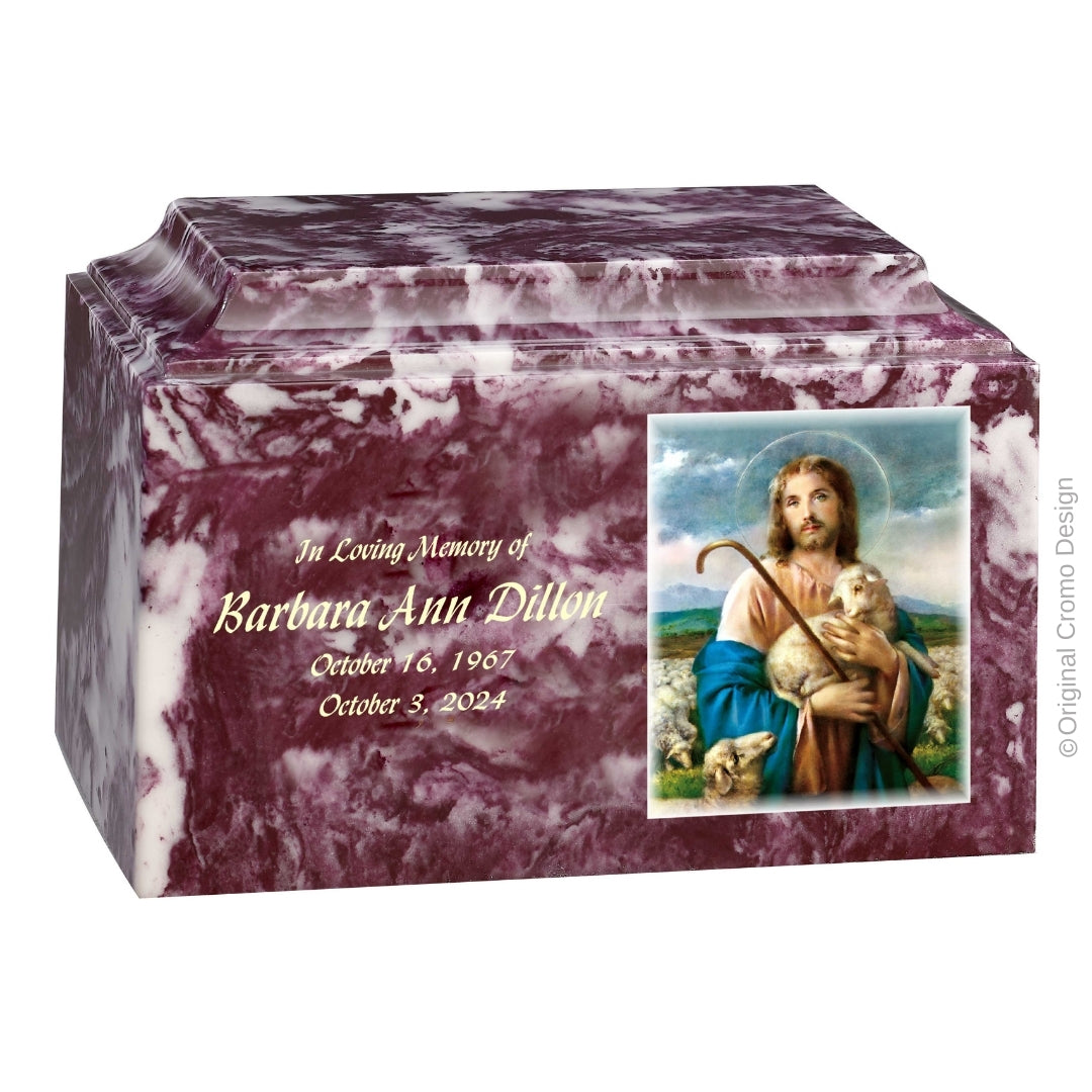 Catholic cremation urn with Jesus Praying Wood finish by Cromo NB