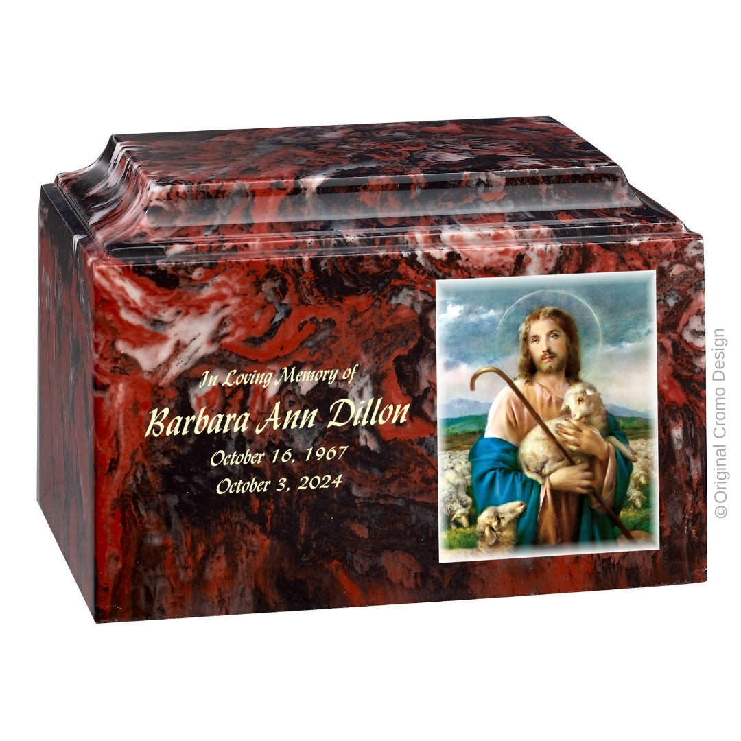 Catholic cremation urn with Jesus Praying Wood finish by Cromo NB