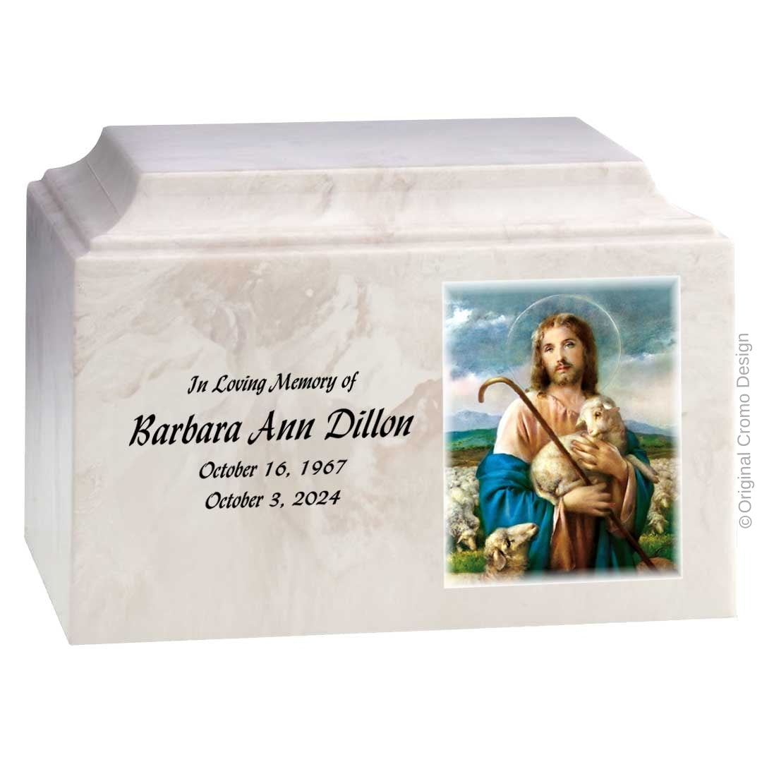Catholic cremation urn with Jesus Praying Wood finish by Cromo NB