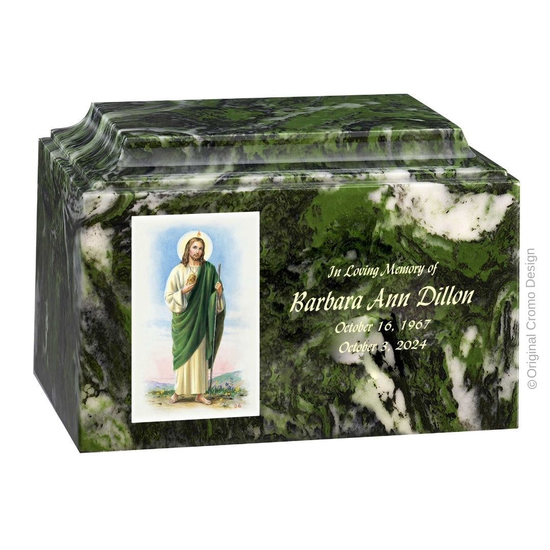 Catholic cremation urn with Saint Jude Wood finish by Cromo NB