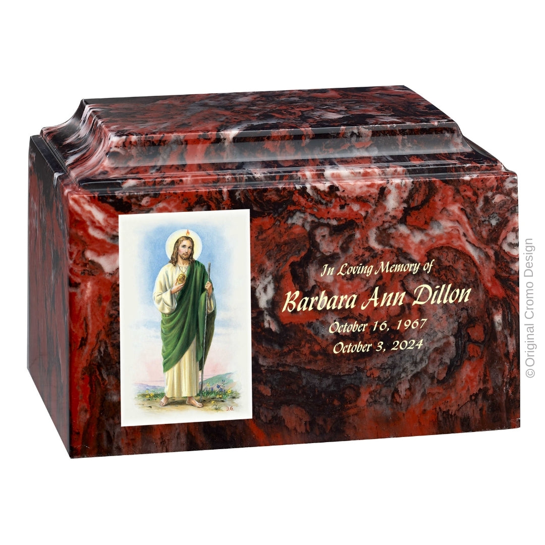 Catholic cremation urn with Saint Jude Wood finish by Cromo NB