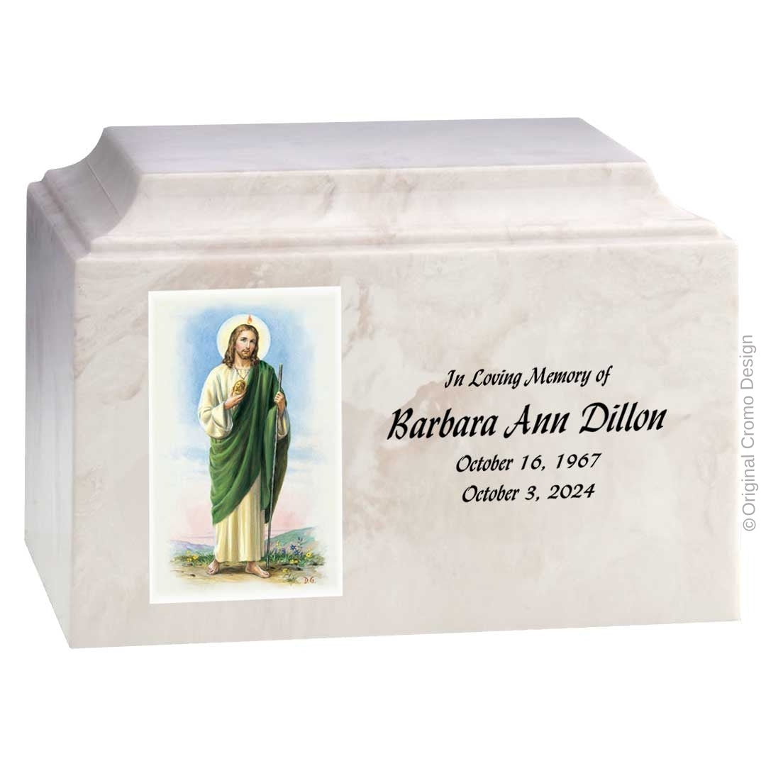 Catholic cremation urn with Jesus Shepherd Wood finish by Cromo NB
