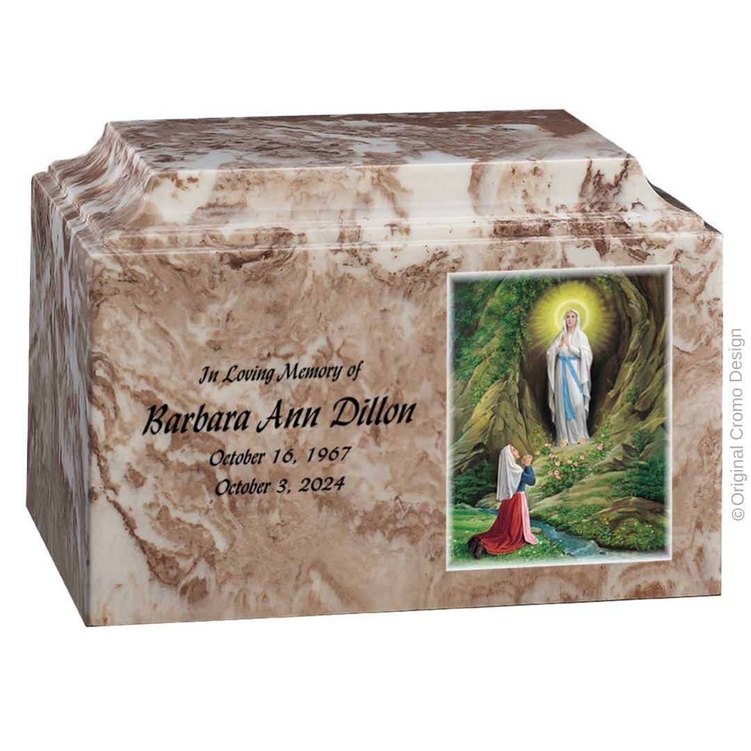 Catholic cremation urn with Our Lady of Lourdes Wood finish by Cromo NB