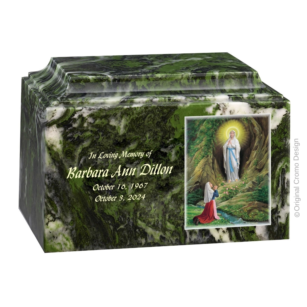 Catholic cremation urn with Our Lady of Lourdes Wood finish by Cromo NB