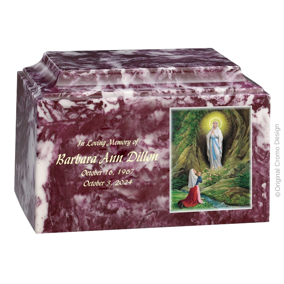 Catholic cremation urn with Our Lady of Lourdes Wood finish by Cromo NB