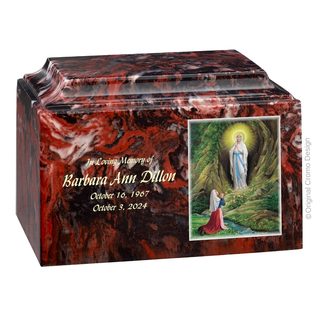 Catholic cremation urn with Our Lady of Lourdes Wood finish by Cromo NB