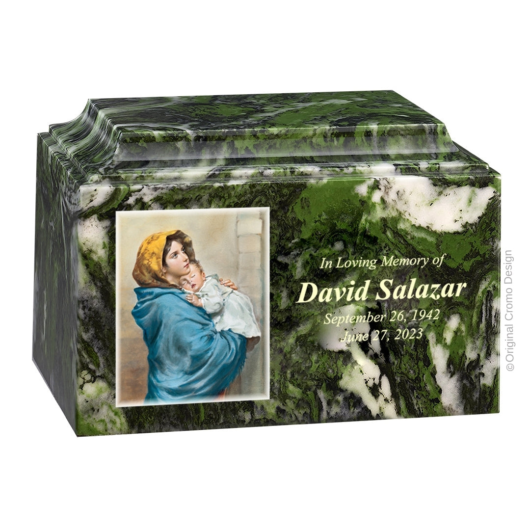 Catholic cremation urn with Madonna of The Street Wood finish by Cromo NB