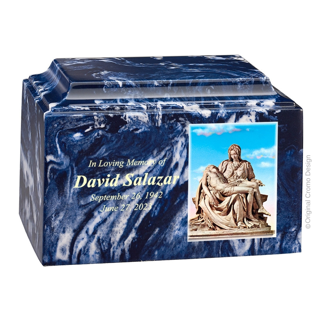 Catholic cremation urn with Madonna of The Street Wood finish by Cromo NB