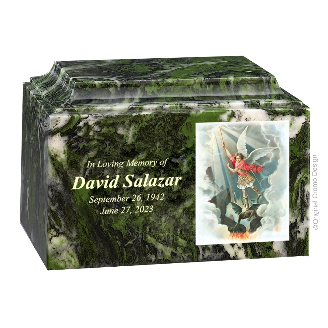 Catholic cremation urn with Saint Michael Archangel Wood finish by Cromo NB