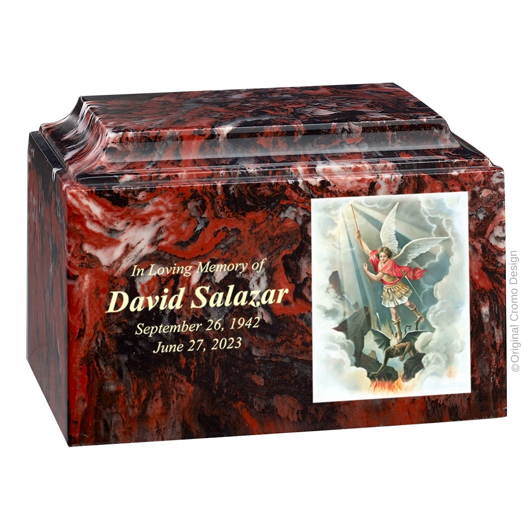 Catholic cremation urn with Saint Michael Archangel Wood finish by Cromo NB