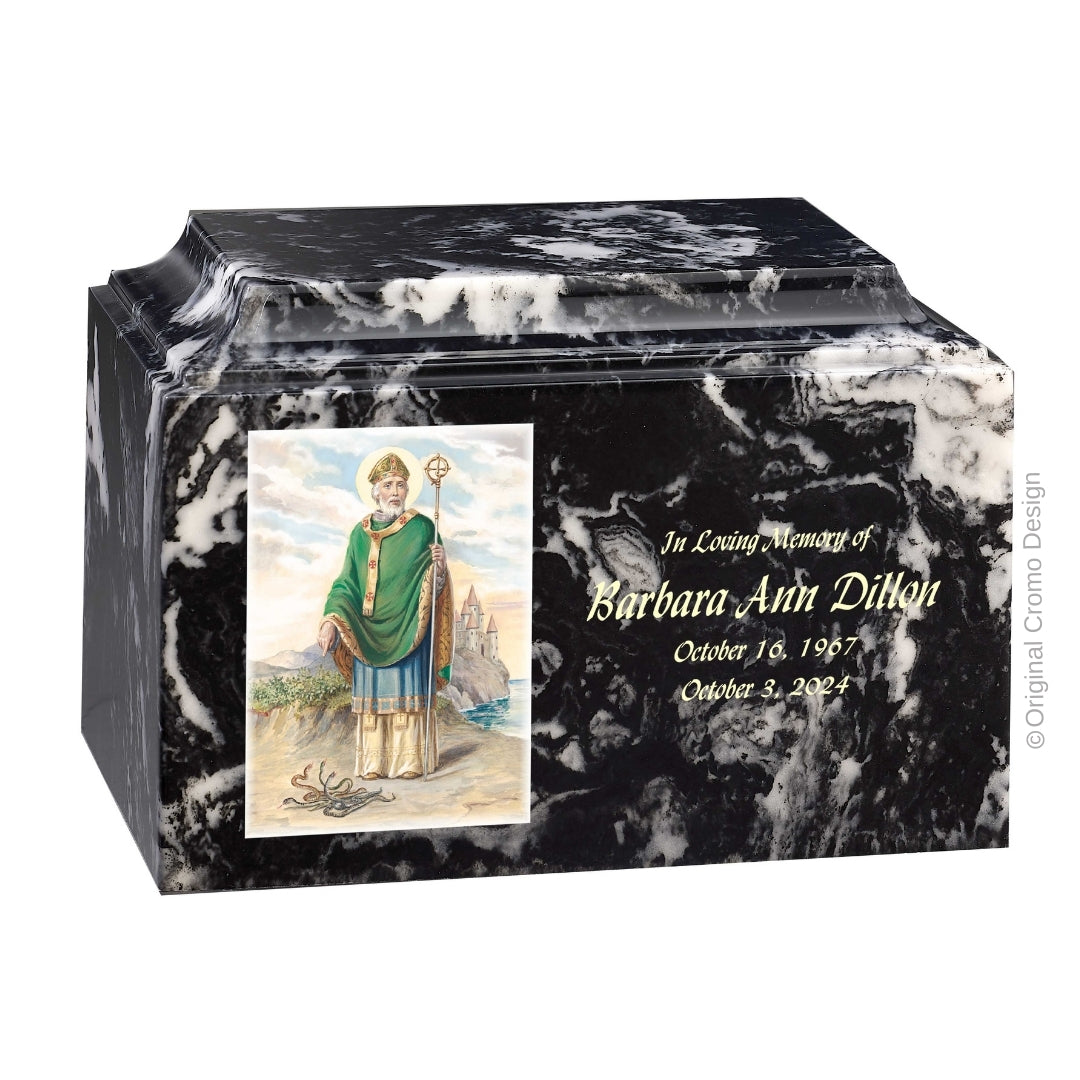 Catholic cremation urn with Saint Patrick Wood finish by Cromo NB