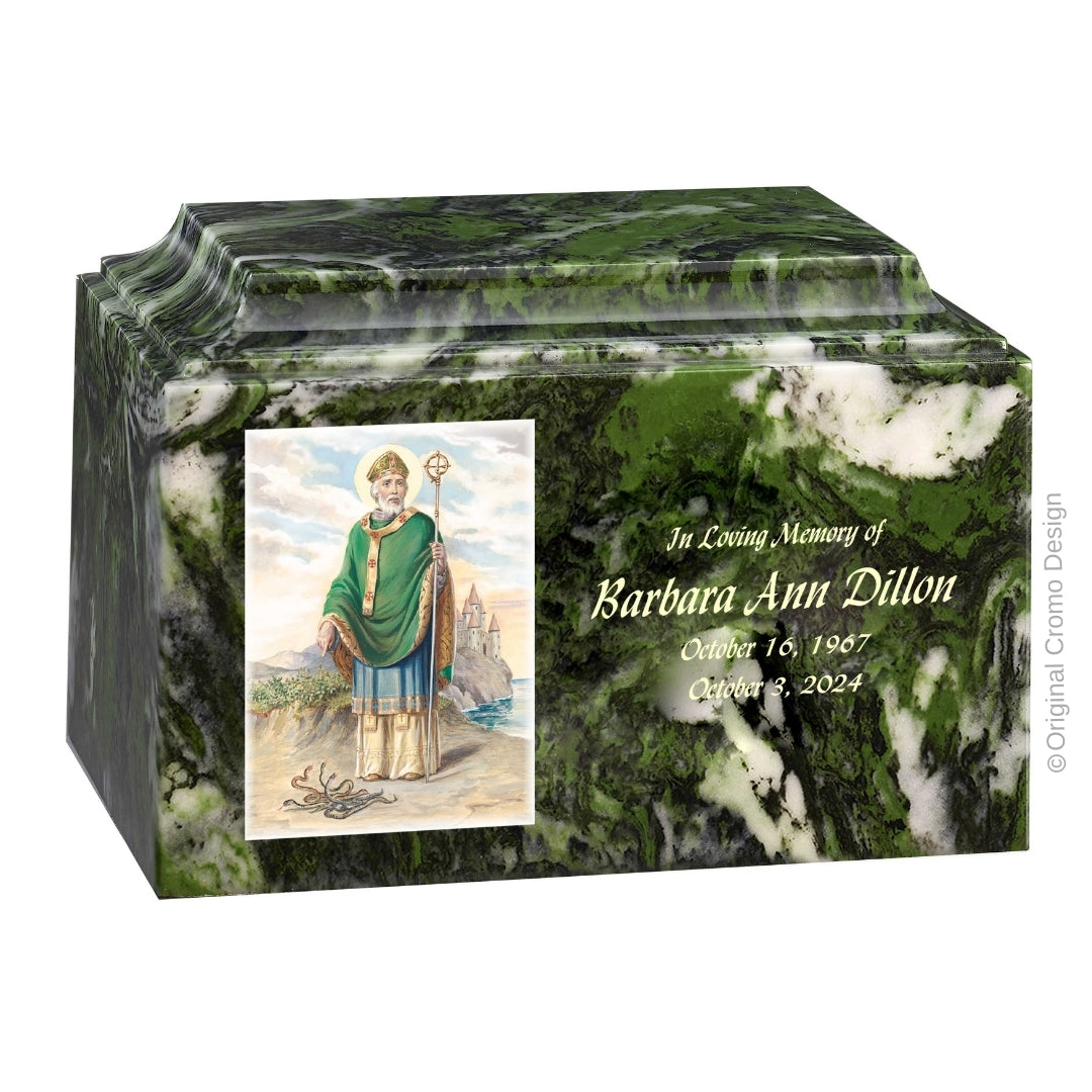 Catholic cremation urn with Saint Patrick Wood finish by Cromo NB