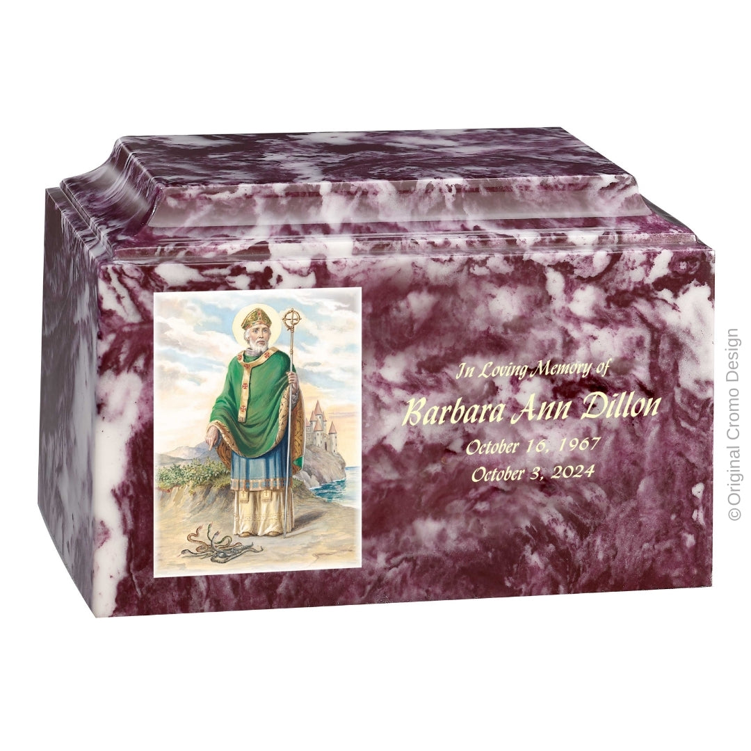 Catholic cremation urn with Saint Patrick Wood finish by Cromo NB