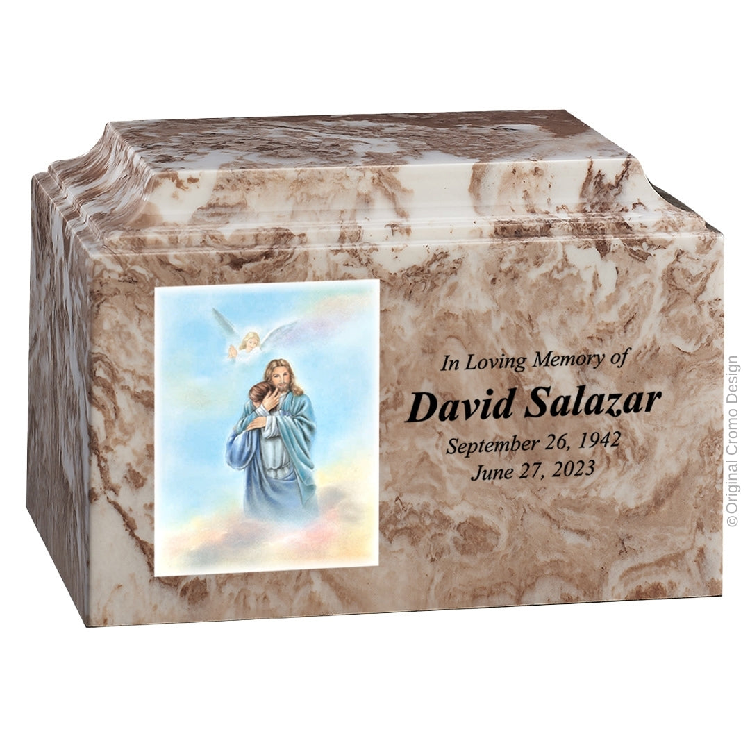 Catholic cremation urn with Paradise Jesus Hugging Wood finish by Cromo NB