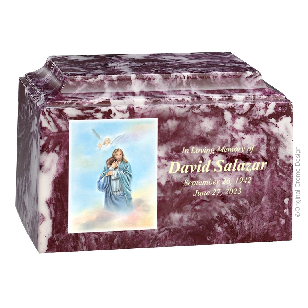 Catholic cremation urn with Paradise Jesus Hugging Wood finish by Cromo NB