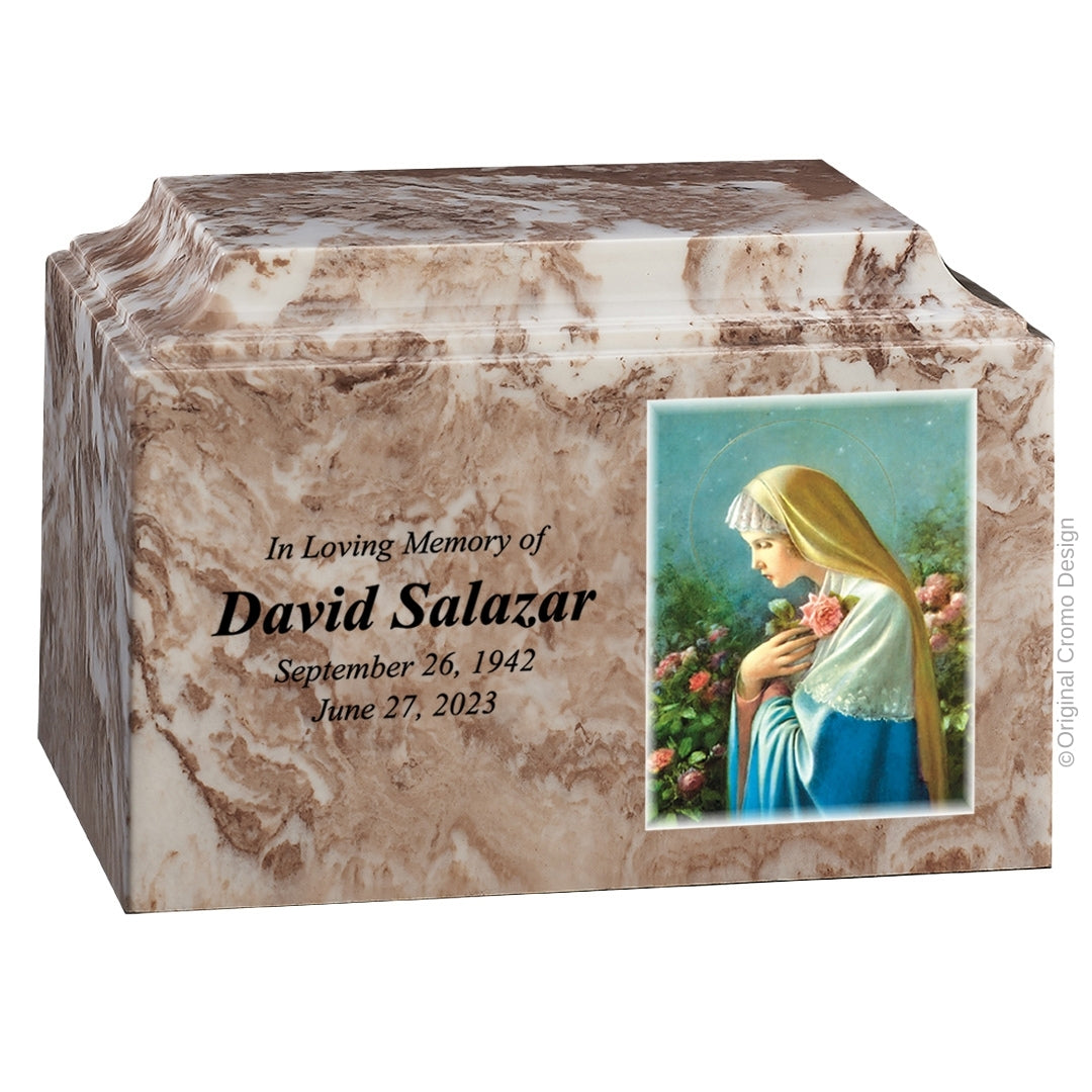 Catholic cremation urn with Mystical Rose Wood finish by Cromo NB