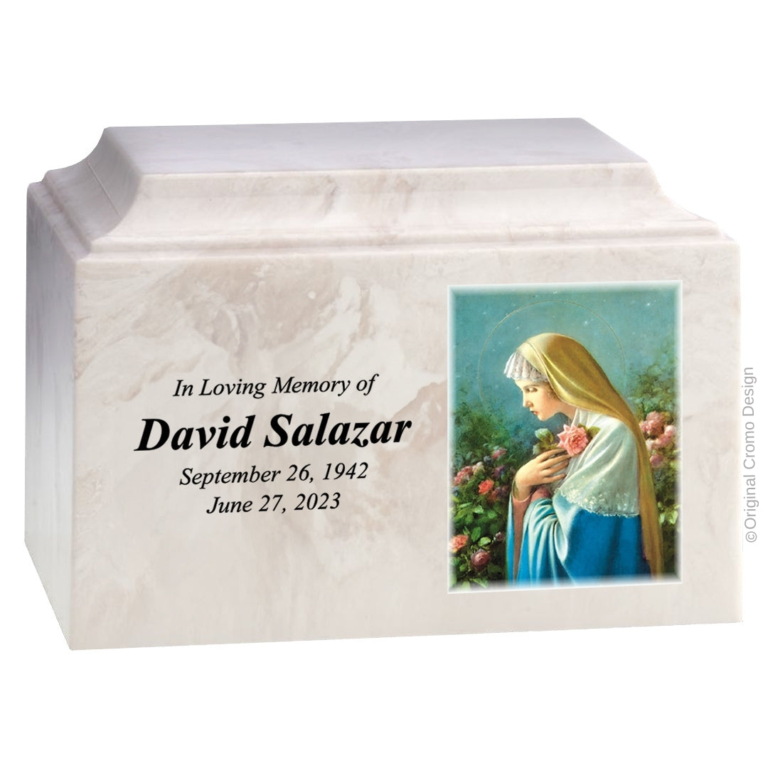 Catholic cremation urn with Paradise Jesus Hugging Wood finish by Cromo NB