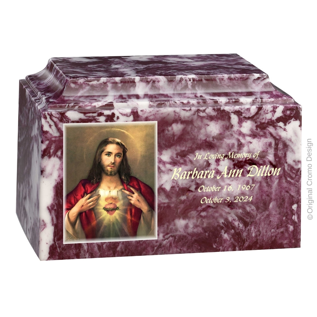 Catholic cremation urn with Sacred Heart of Jesus Wood finish by Cromo NB