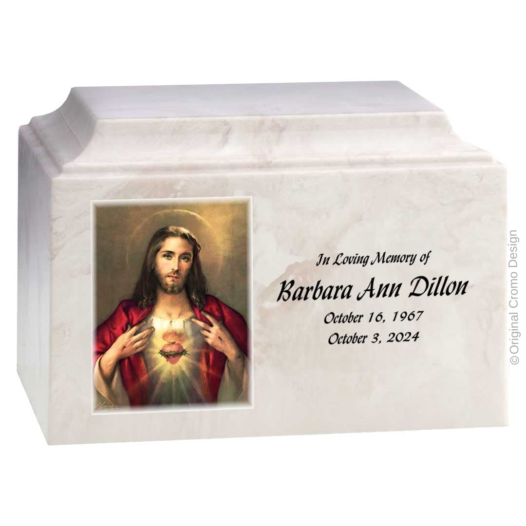 Catholic cremation urn with Mystical Rose Wood finish by Cromo NB