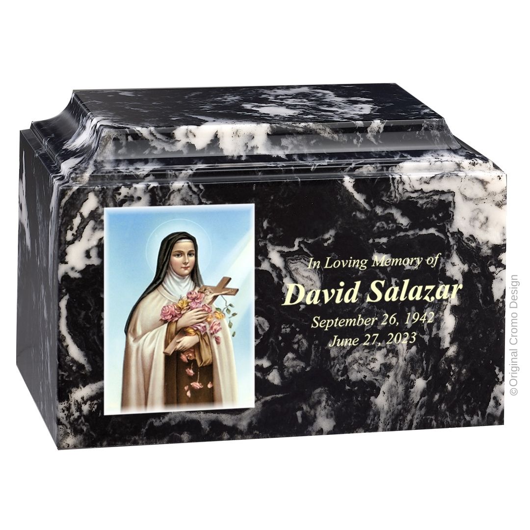 Catholic cremation urn with Saint Therese Wood finish by Cromo NB