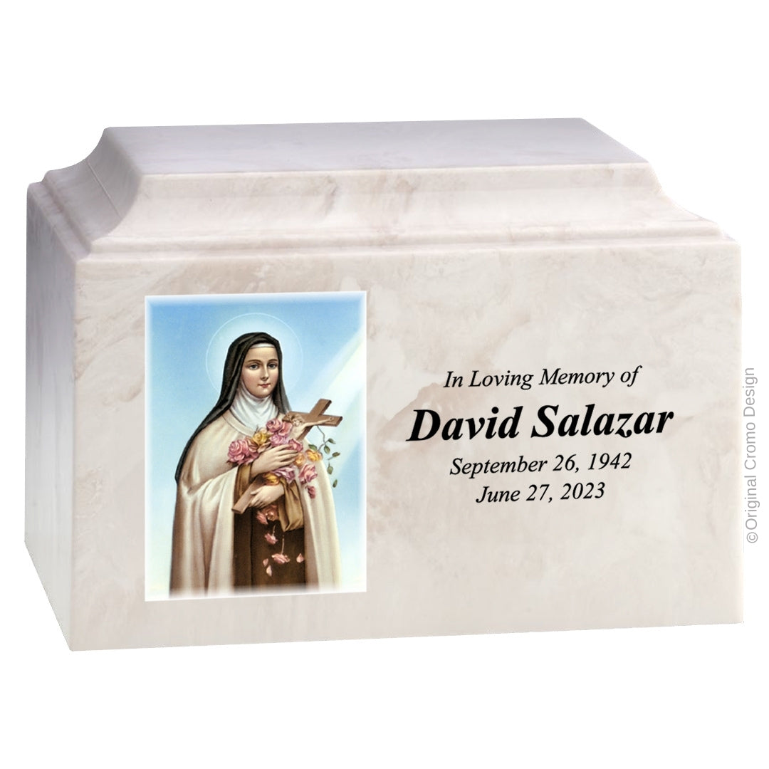 Catholic cremation urn with Sacred Heart of Jesus Wood finish by Cromo NB