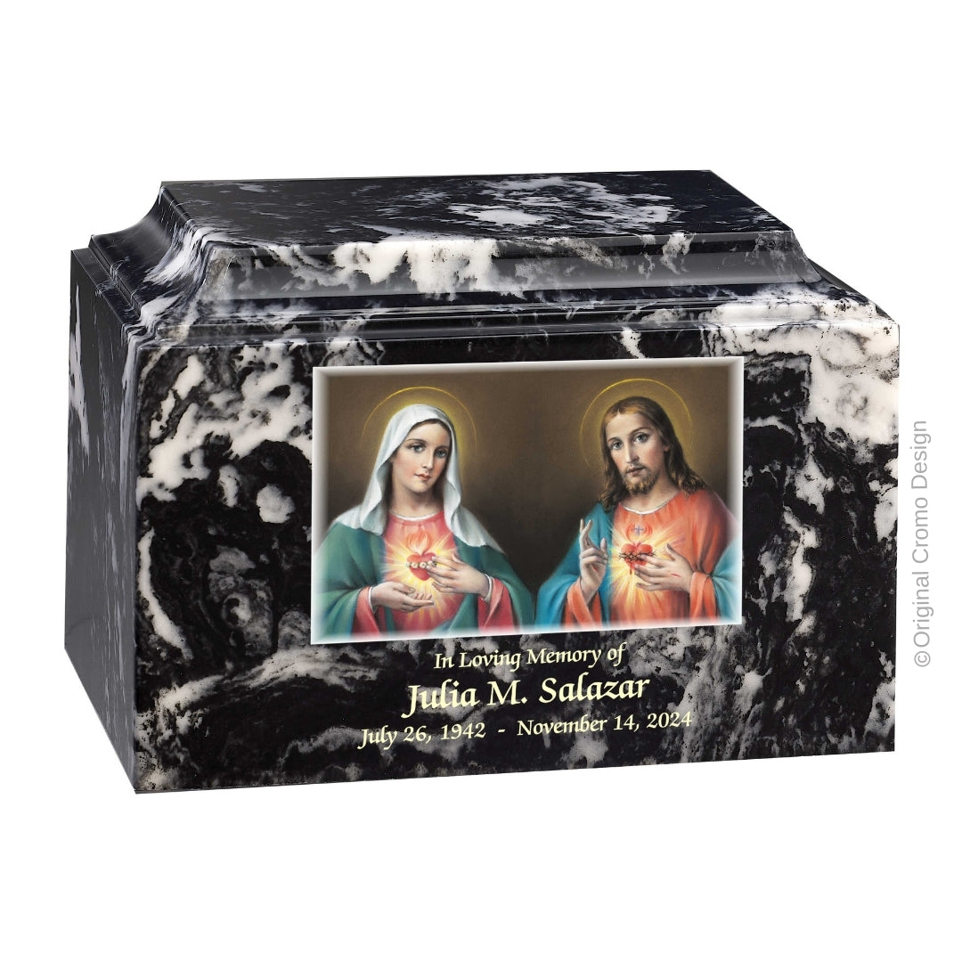 Catholic cremation urn with Twin Hearts Wood finish by Cromo NB