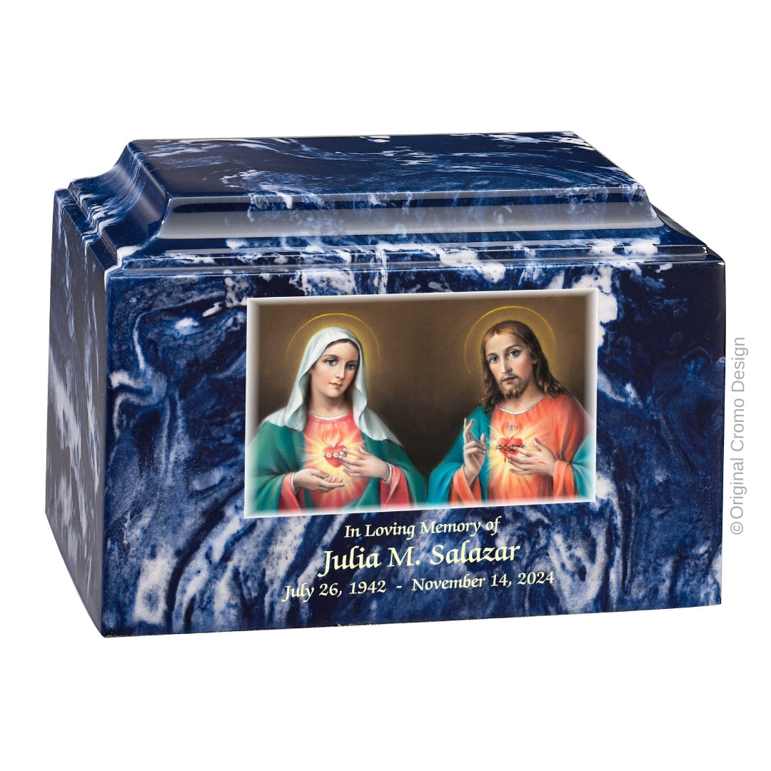 Catholic cremation urn with Twin Hearts Wood finish by Cromo NB