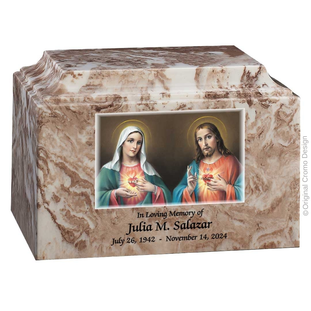 Catholic cremation urn with Twin Hearts Wood finish by Cromo NB